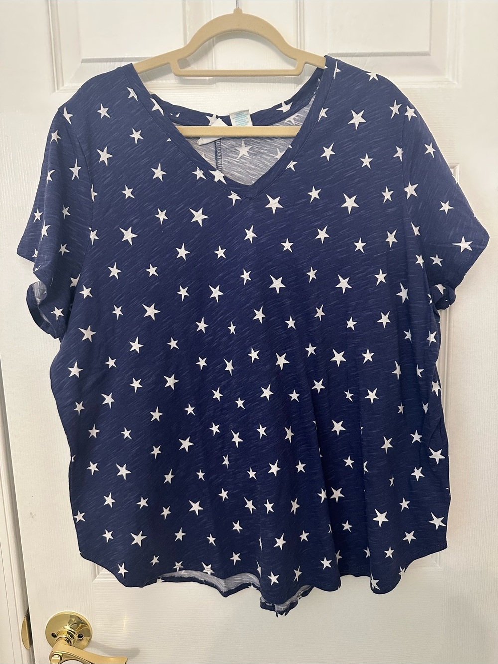 Cynthia Rowley Womens 3X Navy Blue Star Print V-Neck Cotton T-Shirt‎ Slub Knit